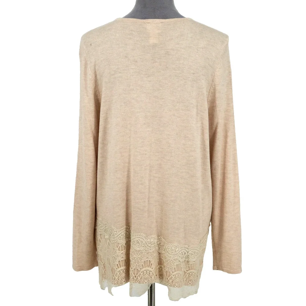 Chicos Sweater 2 Womens Large Beige Tan Cotton Blend Lace Hem Pullover Coastal